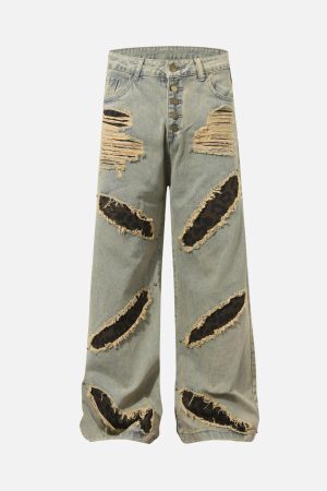 Concert Outfit Distressed Raw Edge Patch Jeans