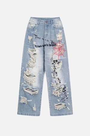 Concert Outfit Distressed Spider Letter Print Jeans