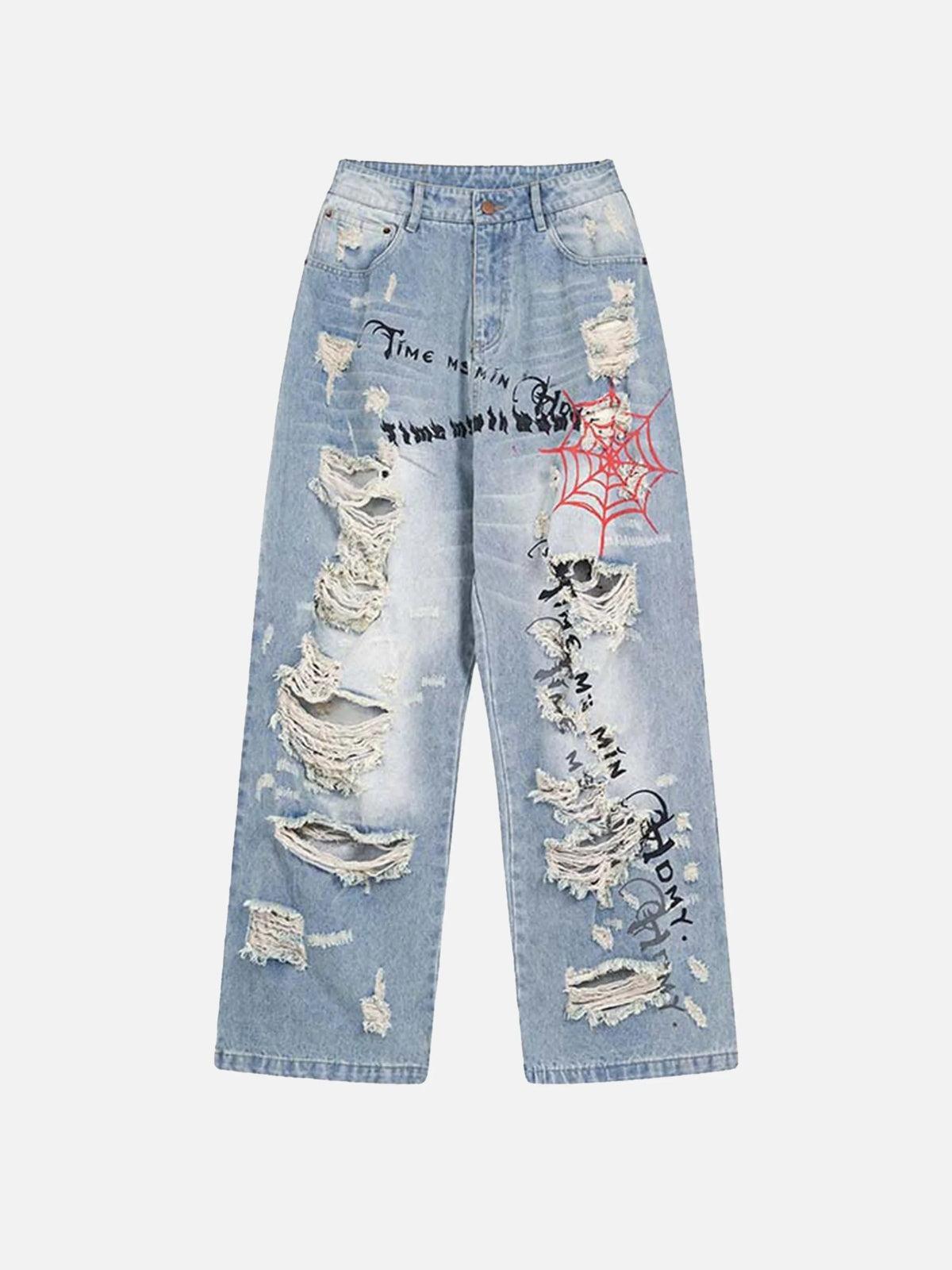 Concert Outfit Distressed Spider Letter Print Jeans Concert Outfit Distressed Spider Letter Print Jeans