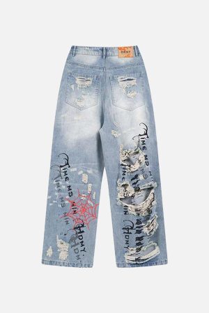 Concert Outfit Distressed Spider Letter Print Jeans