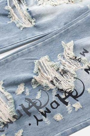 Concert Outfit Distressed Spider Letter Print Jeans