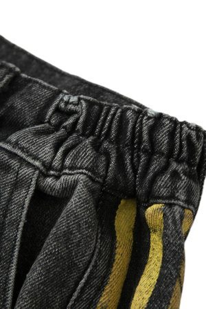 Concert Outfit Distressed Striped Side Chain Patchwork Ripped Straight Jeans