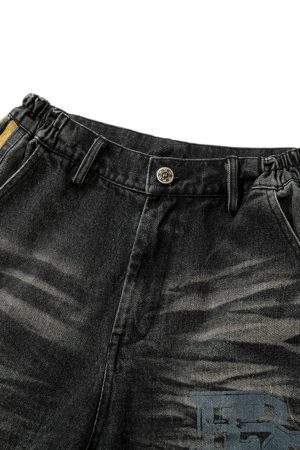 Concert Outfit Distressed Striped Side Chain Patchwork Ripped Straight Jeans