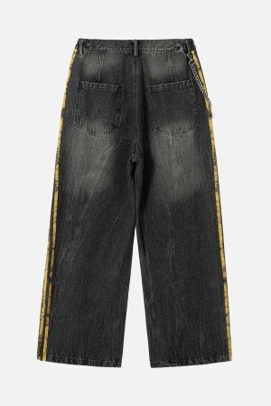 Concert Outfit Distressed Striped Side Chain Patchwork Ripped Straight Jeans