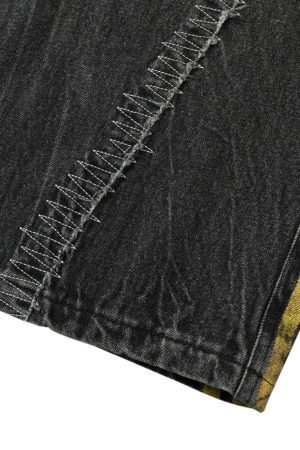 Concert Outfit Distressed Striped Side Chain Patchwork Ripped Straight Jeans