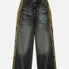 Concert Outfit Distressed Striped Side Chain Patchwork Ripped Straight Jeans