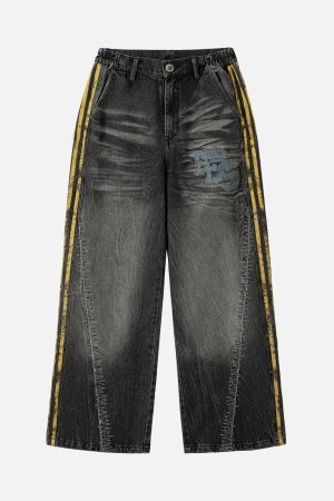 Concert Outfit Distressed Striped Side Chain Patchwork Ripped Straight Jeans