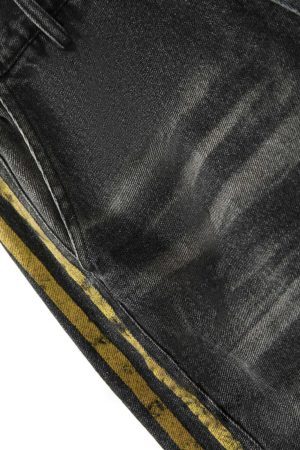 Concert Outfit Distressed Striped Side Chain Patchwork Ripped Straight Jeans