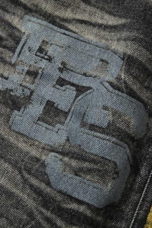 Concert Outfit Distressed Striped Side Chain Patchwork Ripped Straight Jeans