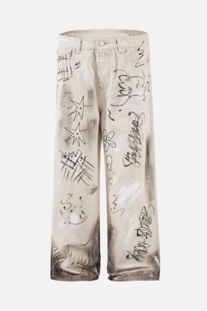 Concert Outfit Distressed Washed Graffiti Baggy Jeans