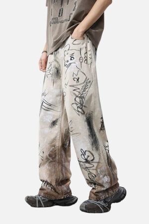 Concert Outfit Distressed Washed Graffiti Baggy Jeans