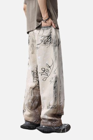 Concert Outfit Distressed Washed Graffiti Baggy Jeans