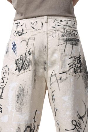 Concert Outfit Distressed Washed Graffiti Baggy Jeans