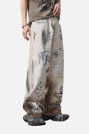 Concert Outfit Distressed Washed Graffiti Baggy Jeans