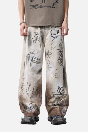 Concert Outfit Distressed Washed Graffiti Baggy Jeans