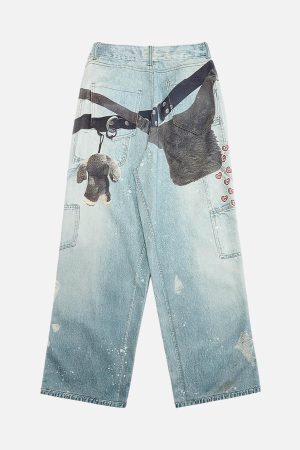 Concert Outfit Distressed Washed Ink-Splashed Chain Print Baggy Jeans