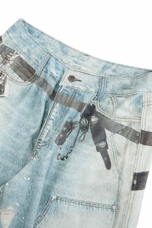 Concert Outfit Distressed Washed Ink-Splashed Chain Print Baggy Jeans
