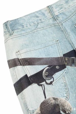 Concert Outfit Distressed Washed Ink-Splashed Chain Print Baggy Jeans