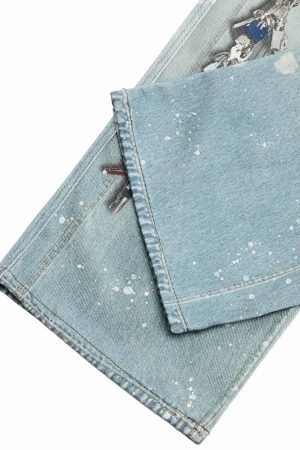 Concert Outfit Distressed Washed Ink-Splashed Chain Print Baggy Jeans