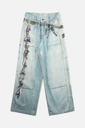 Concert Outfit Distressed Washed Ink-Splashed Chain Print Baggy Jeans