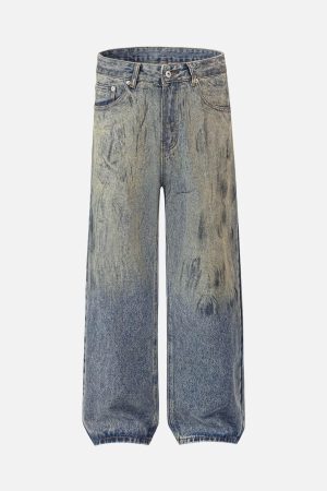 Concert Outfit Distressed Washed Ink Splashed Straight Jeans