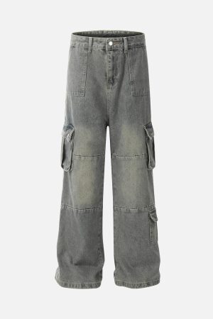 Concert Outfit Distressed Washed Multi-Pocket Cargo Jeans