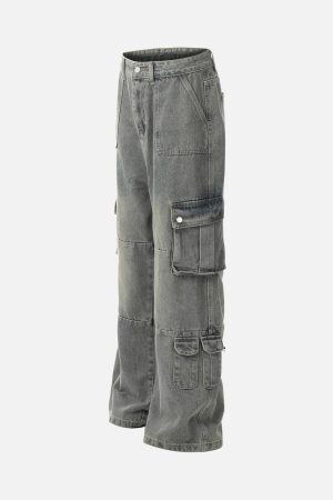 Concert Outfit Distressed Washed Multi-Pocket Cargo Jeans