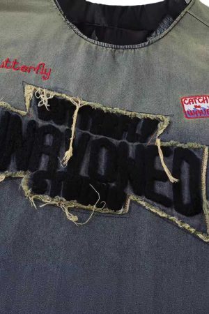 Concert Outfit Distressed Washed Patchwork Gradient Denim T-Shirt