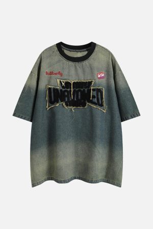 Concert Outfit Distressed Washed Patchwork Gradient Denim T-Shirt
