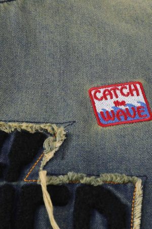 Concert Outfit Distressed Washed Patchwork Gradient Denim T-Shirt