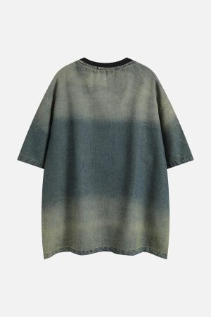 Concert Outfit Distressed Washed Patchwork Gradient Denim T-Shirt