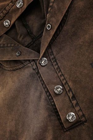 Concert Outfit Distressed Washed Rivet Hooded Denim Sweatshirt