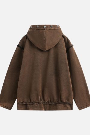 Concert Outfit Distressed Washed Rivet Hooded Denim Sweatshirt