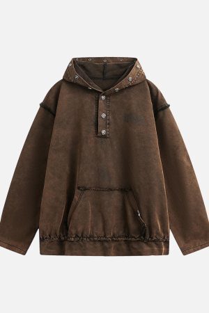 Concert Outfit Distressed Washed Rivet Hooded Denim Sweatshirt