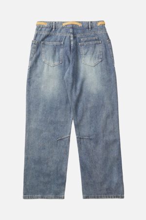 Concert Outfit Drawstring Denim Patch Washed Jeans