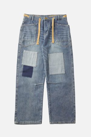 Concert Outfit Drawstring Denim Patch Washed Jeans