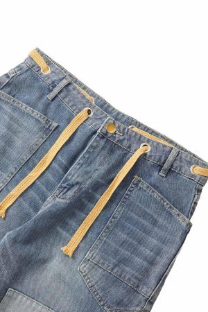 Concert Outfit Drawstring Denim Patch Washed Jeans