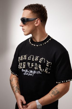Concert Outfit Elegant Pearl-Embellished Oversized T-Shirt