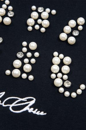 Concert Outfit Elegant Pearl-Embellished Oversized T-Shirt