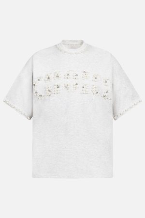 Concert Outfit Elegant Pearl-Embellished Oversized T-Shirt