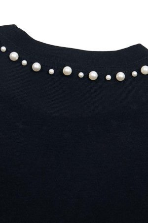 Concert Outfit Elegant Pearl-Embellished Oversized T-Shirt