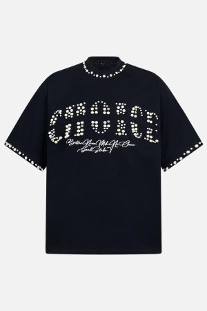 Concert Outfit Elegant Pearl-Embellished Oversized T-Shirt