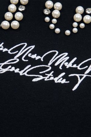 Concert Outfit Elegant Pearl-Embellished Oversized T-Shirt