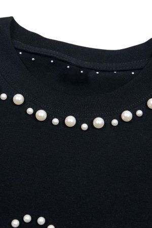 Concert Outfit Elegant Pearl-Embellished Oversized T-Shirt