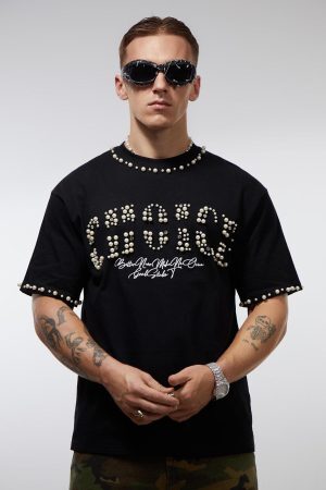 Concert Outfit Elegant Pearl-Embellished Oversized T-Shirt