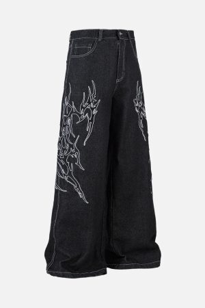 Concert Outfit Embroidered Flame Baggy Jeans