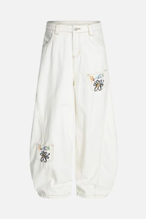 Concert Outfit Embroidered Floral Patches Barrel Jeans