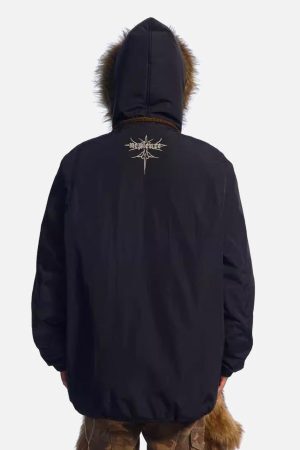 Concert Outfit Embroidered Fur Hooded Quilted Jacket