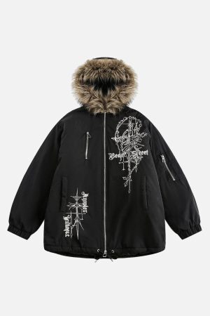Concert Outfit Embroidered Fur Hooded Quilted Jacket