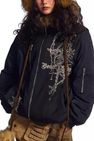 Concert Outfit Embroidered Fur Hooded Quilted Jacket